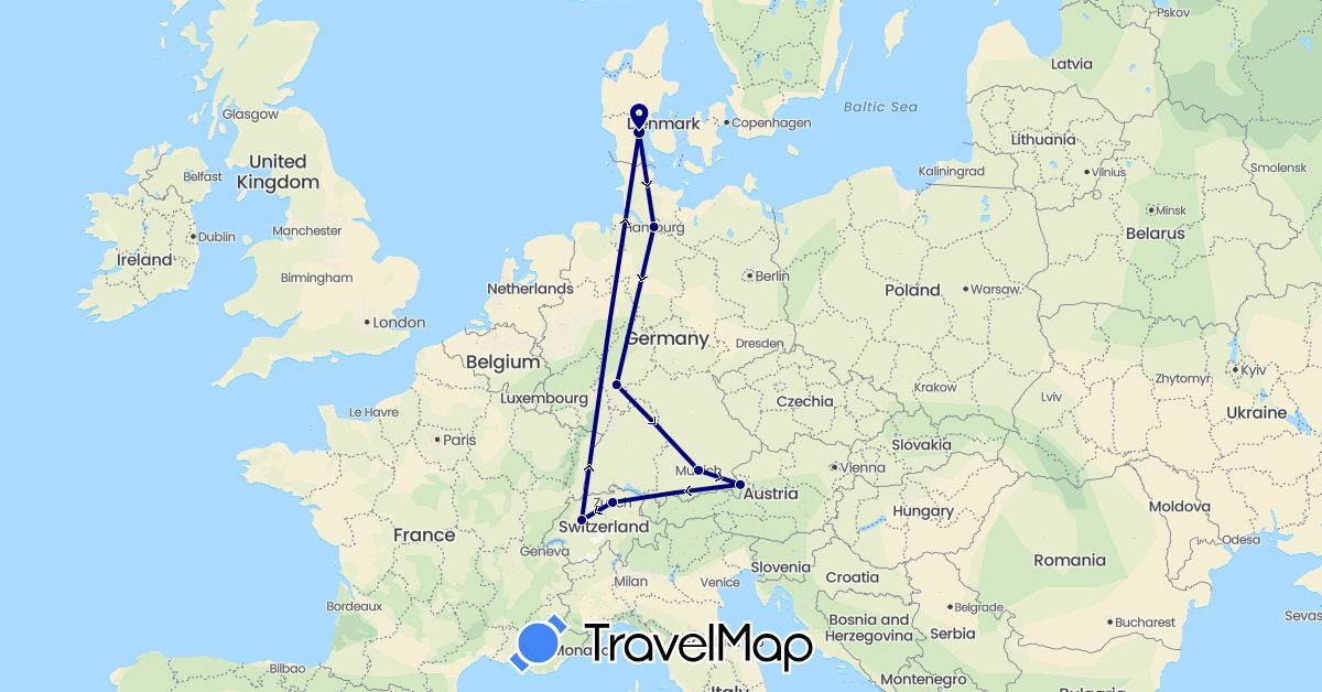 TravelMap itinerary: driving in Austria, Switzerland, Germany, Denmark (Europe)